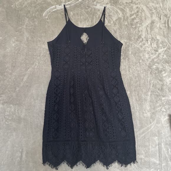 Storia Lace Dress Large Navy Blue Fringe Cut Out Party Club Cocktail Sexy Mini - Picture 3 of 9